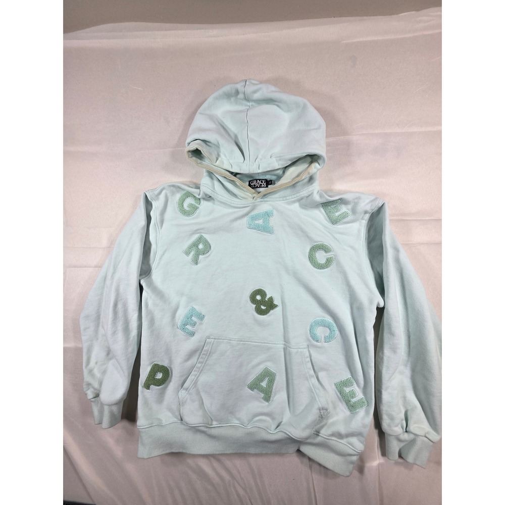 Grace & Peace Mint Green Chenille Patch Hoodie Mens Large Streetwear Sweatshirt